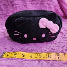 Hello Kitty Black Plush Cosmetic Or Pencil Case Sanrio Zipper Pouch Bag Pink New