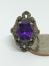 Vintage Sterling Silver 925 Purple CZ Marcasite Cocktail Ring Size 7 - Read