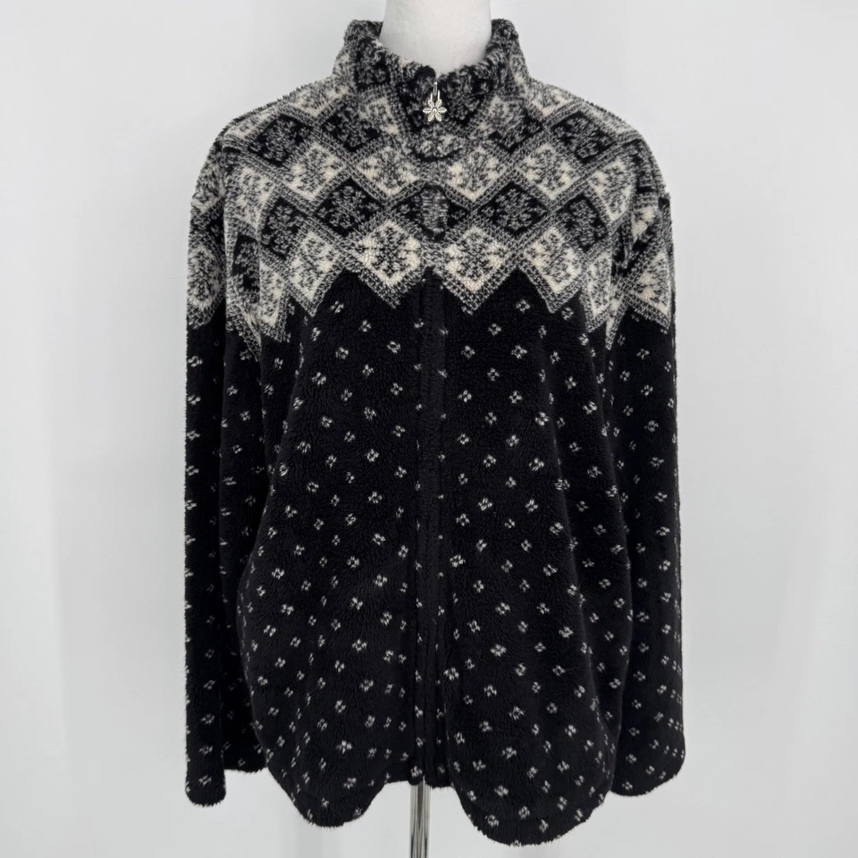 Talbots Fleece Jacket XL Black White Fair Isle Zip Front Snowflake Nordic Winter - Image 2 of 4