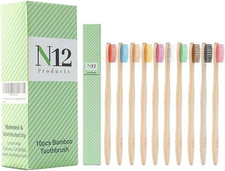 N12 Biodegradable Pack of 10 Bamboo Toothbrushes - Multicolored Charcoal Bpa-Fre