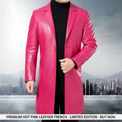 NEU Herren Hot Pink Leder Trenchcoat 100% Weiches Schafsleder Slim Fit