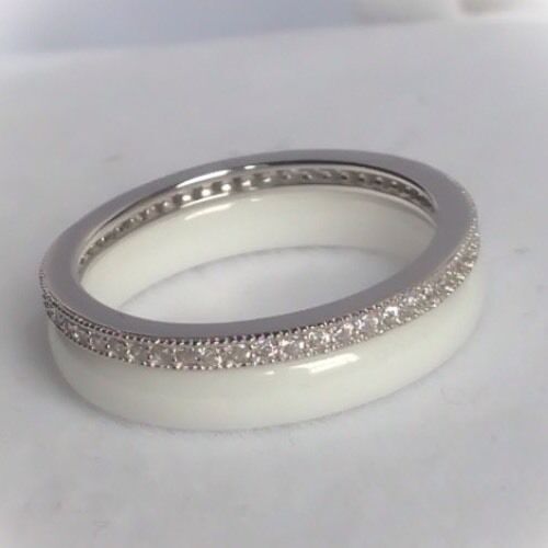 Anillos Doble Cerámica Blanca Y Plata Maciza Zirconio T50-52-54-56-58-60 - Imagen 1 de 4