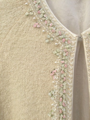 Vtg beaded rhinestone wool cardigan sweater M 50s fairy retro rockabilly swing - Picture 3 of 8