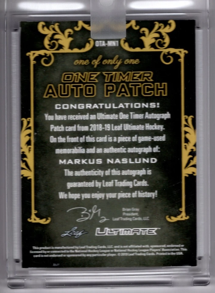 2018-19 Leaf Ultimate One-Timer Patch Auto NHL Shield Markus Naslund 1/1 - Image 2 of 2