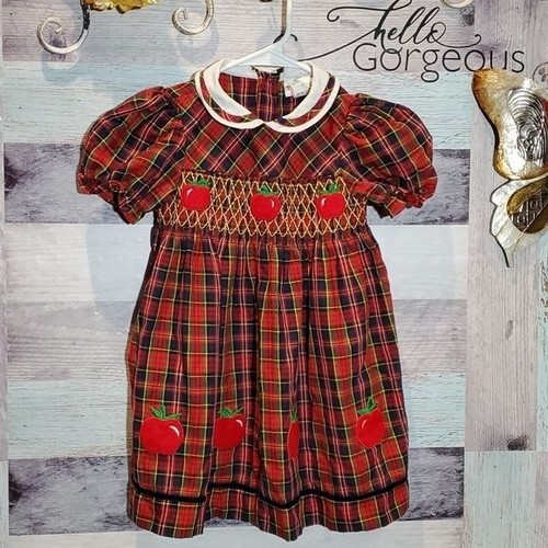 BT Kids 4T Vintage Red Tartan Smocked Apple Appliqued Dress Photos Movie Prop - Picture 1 of 8