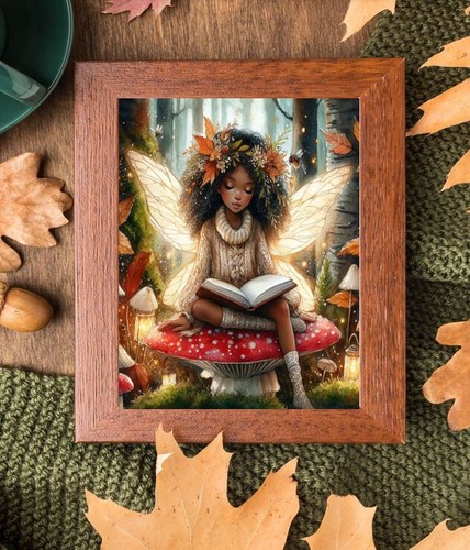 Autumn Black Fairy Reading book Mushroom Whimsical Fantasy Watercolor print Art - Picture 3 of 4
