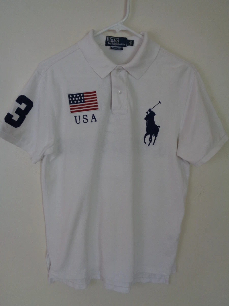 ralph lauren polo shirt big pony usa 3 medium custom fit vintage white 2 sided