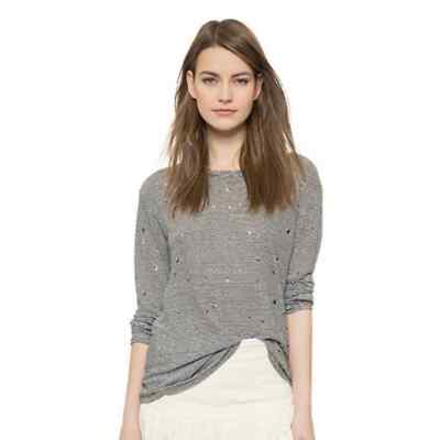 IRO Women's Glaucy Stripped Distressed 100% Linen Top Beige Tan XS Long Sleeve