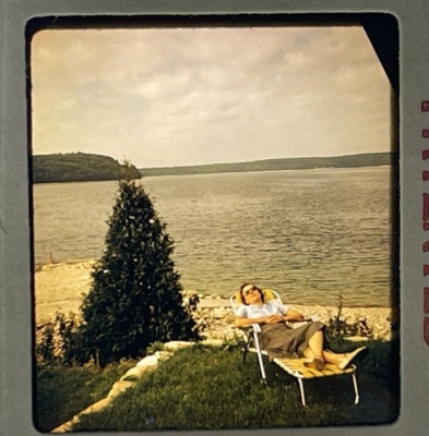 1959 3D Stereo Slide Woman Sunbathing On Lounger By Lake At Gills Rock Wisconsin