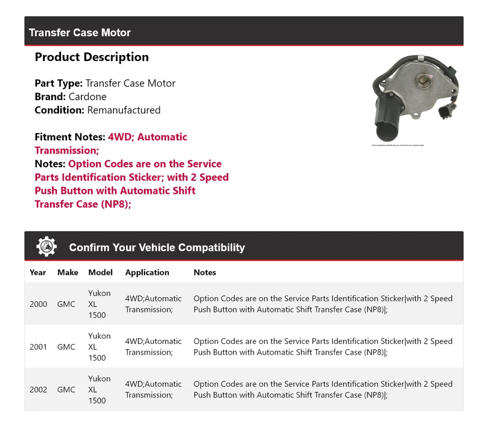 For 2000-2002 GMC Yukon XL 1500 4WD Transfer Case Motor Cardone 2001 - Image 2 of 4