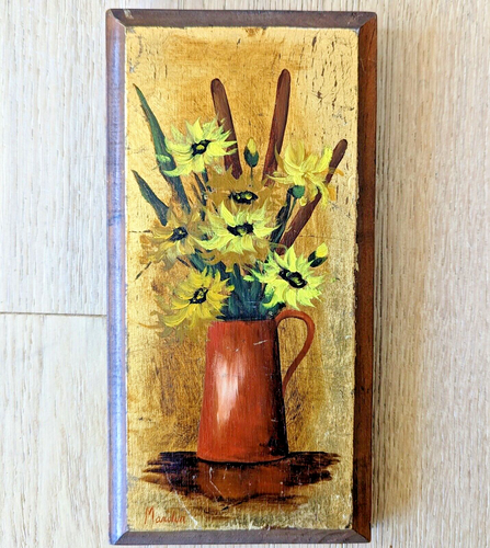 Vintage Miniature Oil on Wood Pitcher of Sunflowers Painting Signed Marolin - Picture 3 of 9