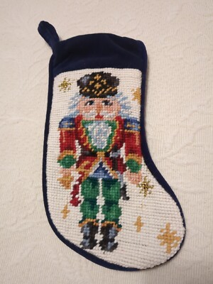 Vtg Nutcracker Needlepoint Christmas Stocking Blue Velvet Wool Lillian Vernon