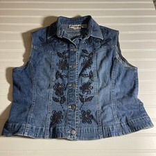 Flashback Vintage 1990's Womens Beaded Floral Denim Jean Vest - Petite Medium
