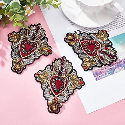 INFUNLY 3pcs Beaded Rhinestone Heart Patches Sew On Patches for