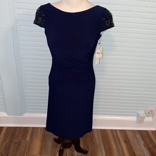 ELIZA J WOMEN SZ 4 NAVY BEADED SLEEVE COCKTAIL RUCH SHEATH DRESS NWT MSRP $149.