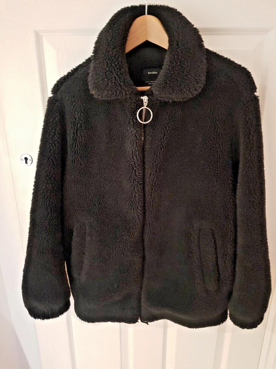 WOMENS BERSHKA BLACK FLUFFY TEDDYBEAR JACKET ZIP FRONT SIZE 8 XS L K
