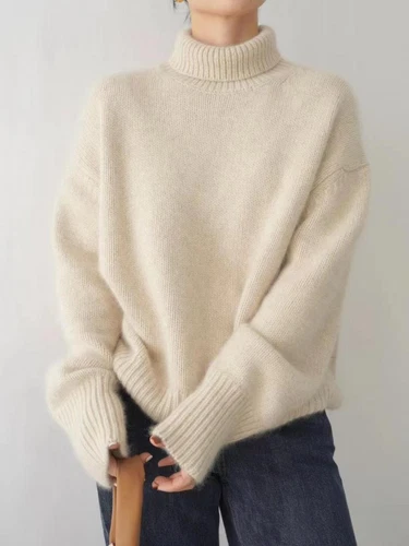Suéter Suelto Cálido Tejido Otoño Grueso Mezcla Cachemira para Mujer Cuello Alto - Imagen 8 de 26