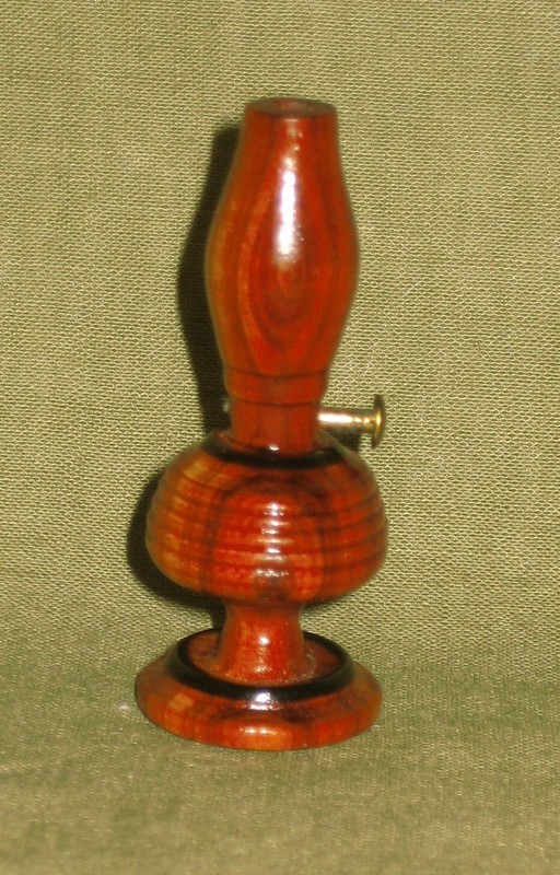 1940's HAND TURNED WOOD MINIATURE KEROSENE LAMP MARKED WITH LOCAL & DATE   (U)