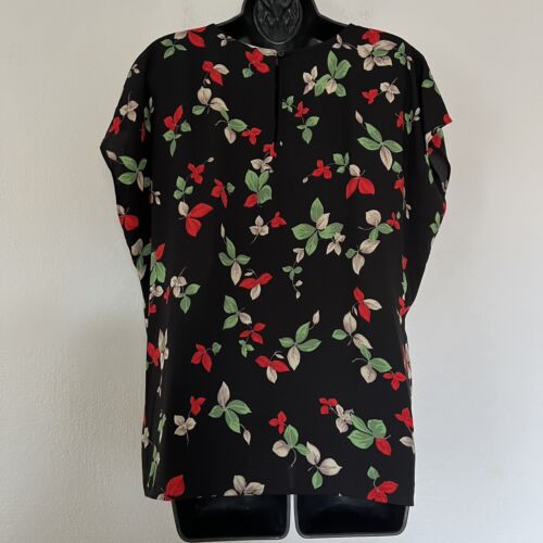 Halogen Black Floral Leafy Short Sleeve Round Neck Blouse Keyhole Women’s L NWT - Picture 4 of 10