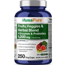 43 Fruits and Veggies Supplement | 250 Vcaps | with 11 Enzymes & Probiotics
