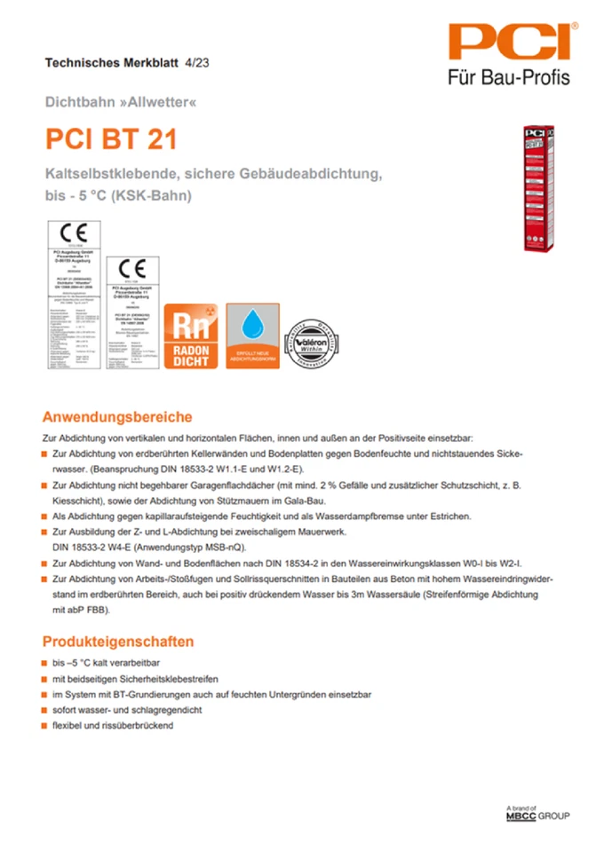PCI BT 21 Allwetter 5 m Bitumen-Kaltselbstklebebahn Dichtbahn Abdichtung Keller - Bild 2 von 4