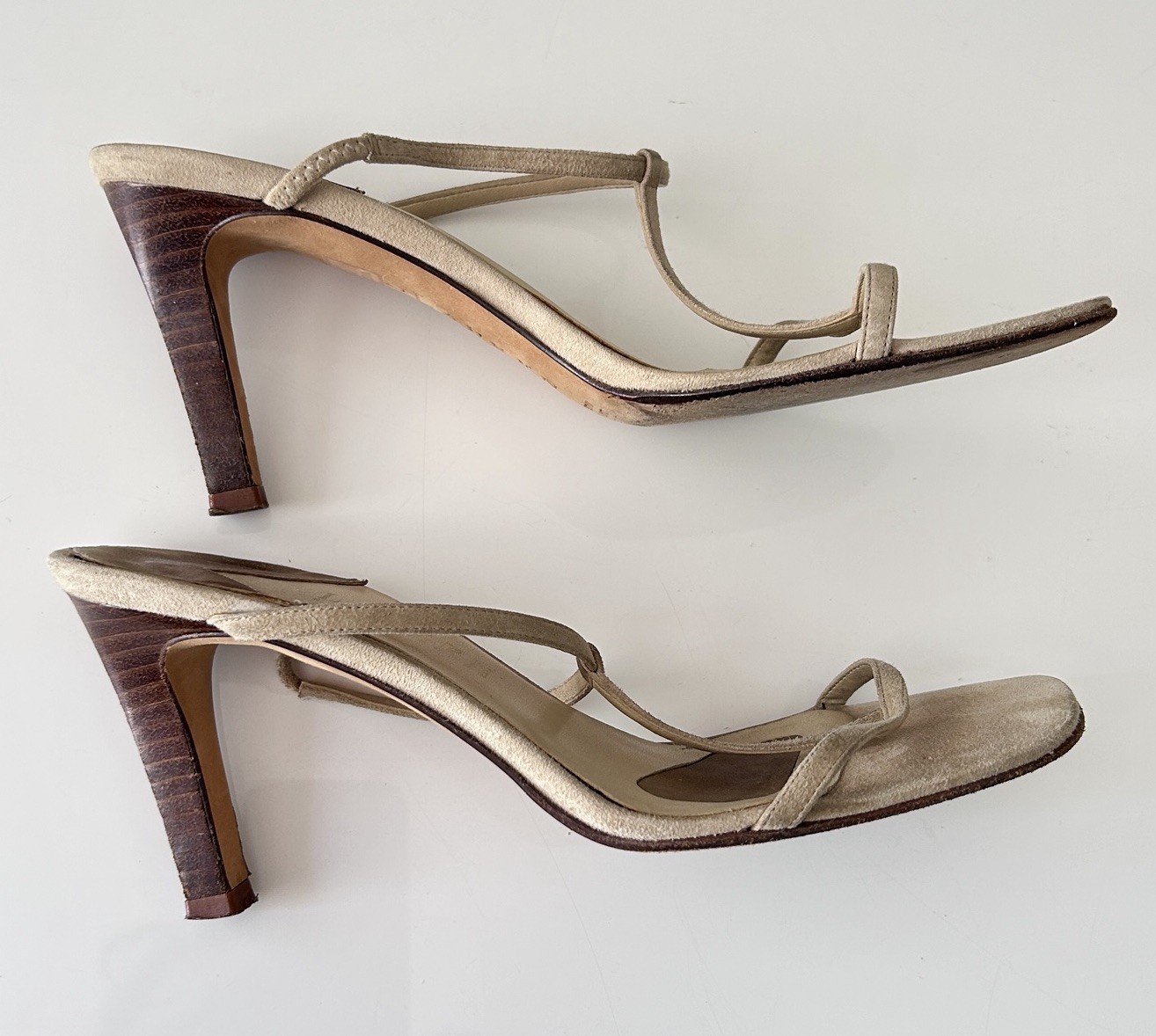 Vintage 90s Lauren Ralph Lauren Suede Heels Sandals T-Strap Beige 7 Leather Sole