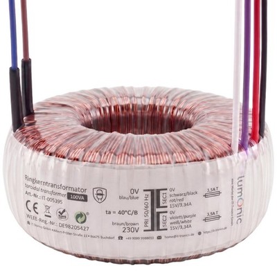 Ringkerntrafo Transformator 100VA, Primär 230V AC, Sekundär 2x 15V AC oder 1x 30