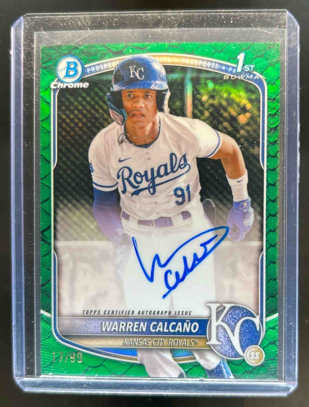 2025 Bowman Chrome Warren Calcano Auto Reptilian Green Refractor 1st #17/99