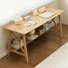 Extra Long Desk with Bookshelf - Wooden Home Office Work Study Table, Writing...