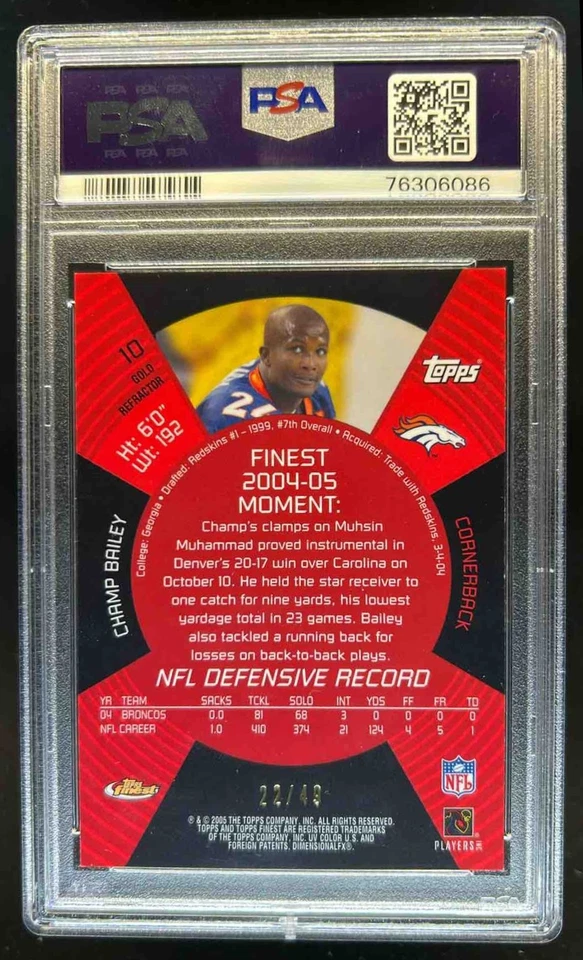 2005 Finest Champ Bailey Gold Refractor #22/49 Broncos PSA 9 - Image 2 of 2
