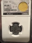 1943 1C Steel Penny NGC MS66 w/ WW2 Era US Military Parachute Fragment