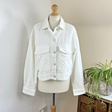 Boxy White Denim Jacket Size M Textured Cut-Out NEXT Women's Y2K Casual Chic