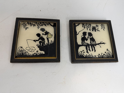 Lot 2 Vtg Mini Silhouette Pictures Wall Art Black Victorian Boy and Girl Love