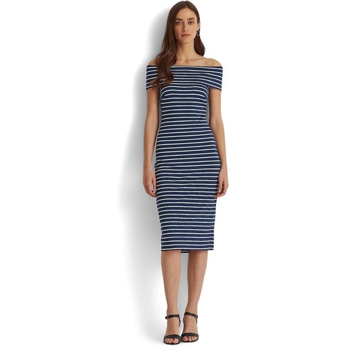 Lauren Ralph Lauren Women Navy Stripe Knit Jersey Off-The-Shoulder Dress Size 14 - 第 1/5 張圖片