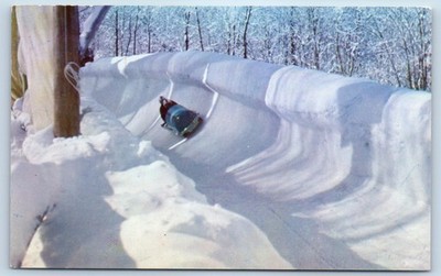 1960 Lake Placid New York Postcard Two-Man Sled Zooming Down Bob-Run Mt. Van