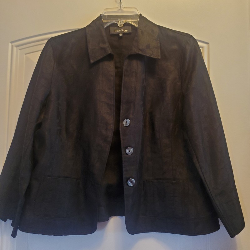 Evan Picone black linen tapestry 3/4slv button blouse 12P