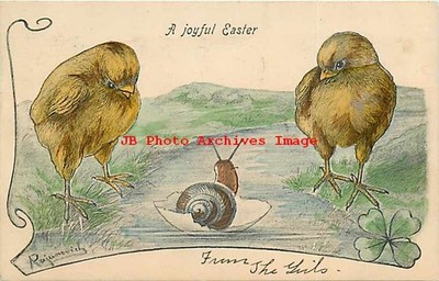 Easter, Artist Rajanovich, Two Chicks Looking at Snail in Egg Shell
