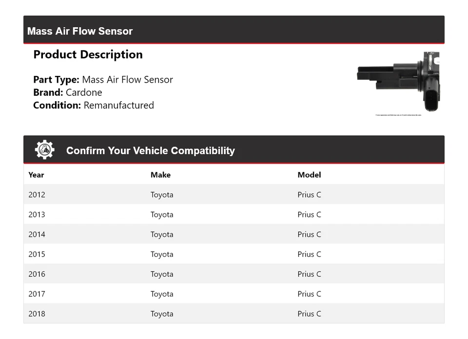Sensor de flujo de aire masivo Cardone para Toyota Prius C 2012-2018 2013 2014 2015 2016 Foto 2 de 4