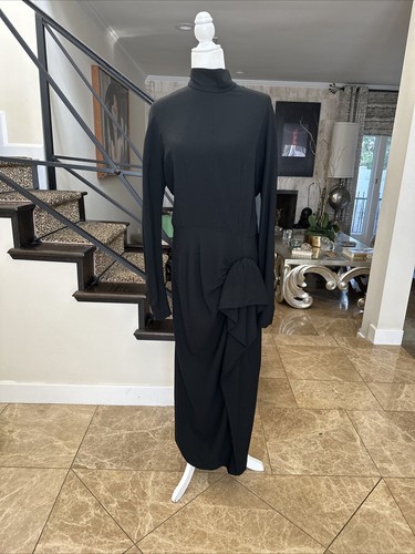 Norma Kamali Ende 80er schwarz Krepp Jersey mit Raffung Langarm Maxikleid Italy