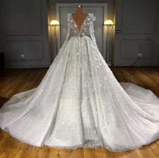 Shiny Beaded Wedding Dresses Full Sleeves 3D Flower Wedding Dress Crystal Sequin