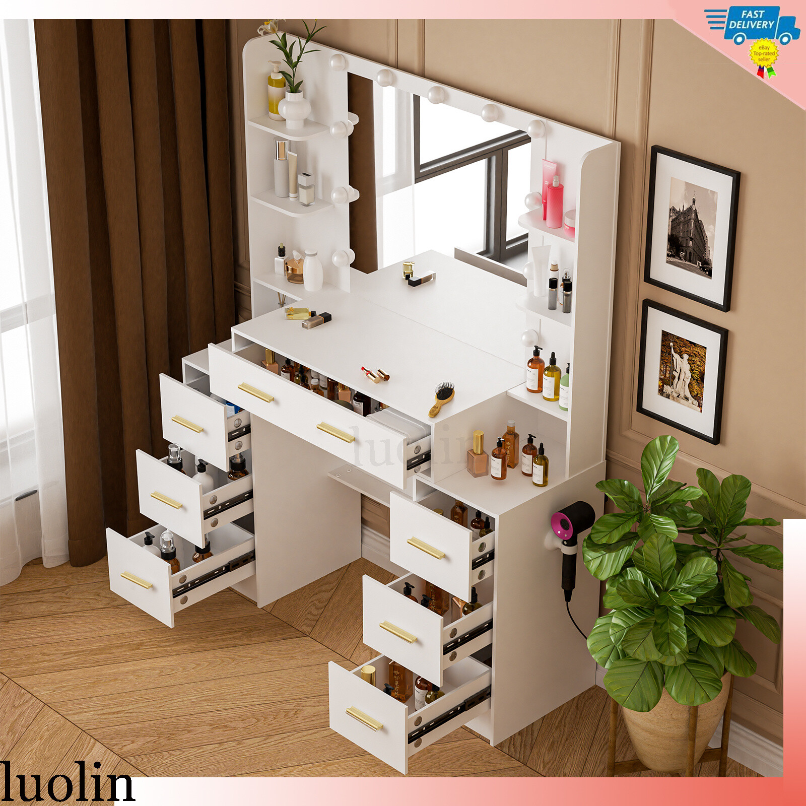 Vanity Makeup Dressing Table Set w/ 11 Led Lighted Mirror & 7 Drawers Bedroom