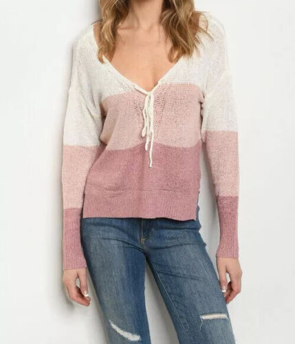 Pink Colorblock Sweater V-neck Lace Up Knit Lightweight Women’s Size Small