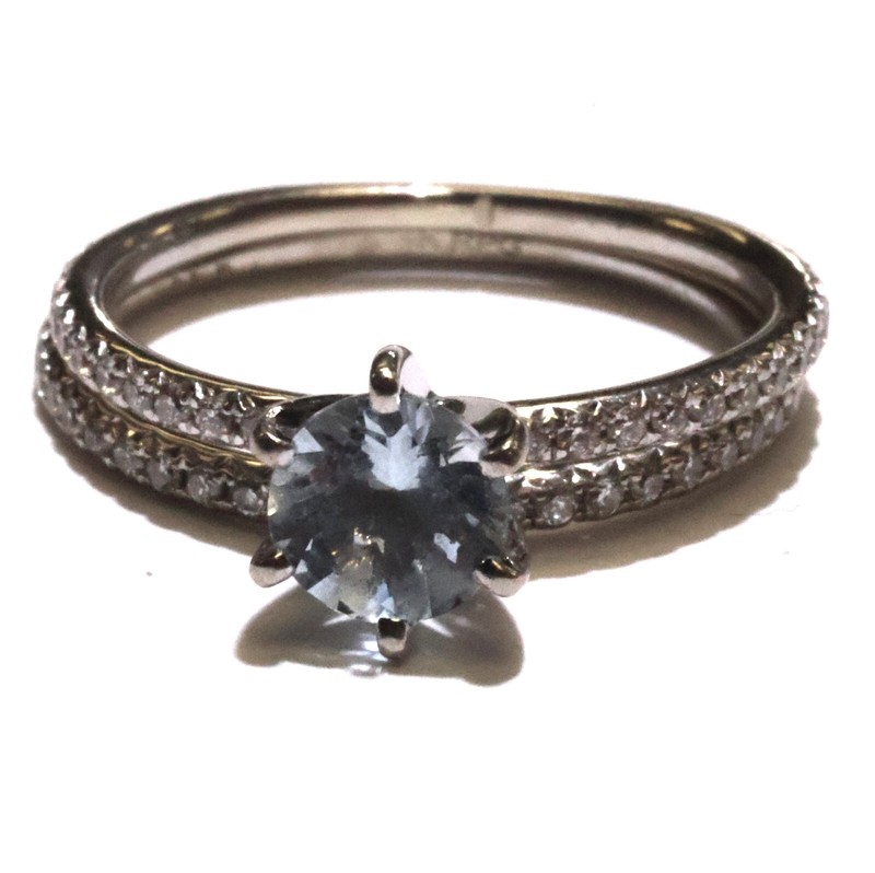 14k white gold .30ct diamond round blue topaz engagement wedding band set 2.4g 5