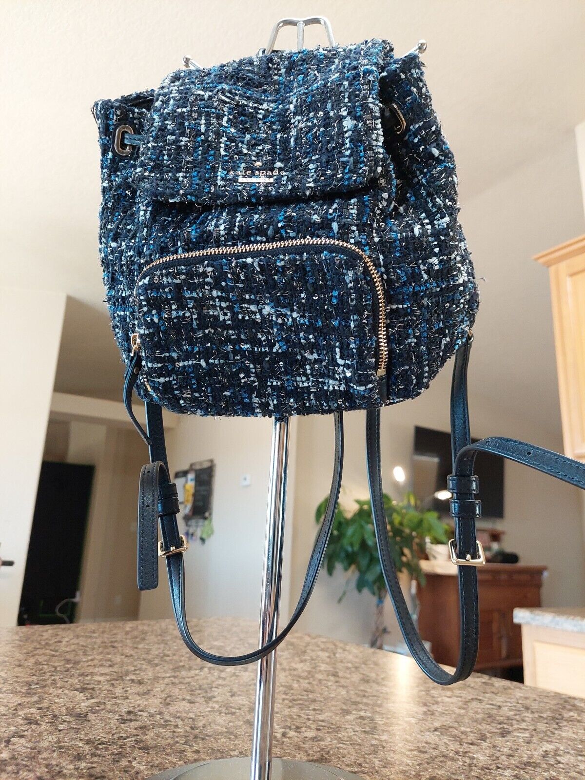 KATE SPADE NY SMALL BACKPACK BAG BLACK & BLUE TWEED BOUCLE SEQUINS BLACK LEATHER