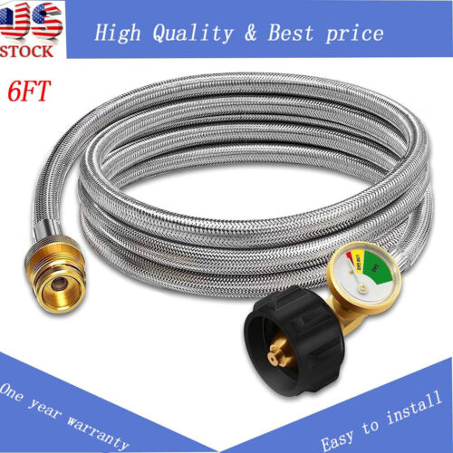 6FT Propane Hose with Gauge, 1Lb to 20Lb Propane Adapter with Stainless Braided - Afbeelding 1 van 17