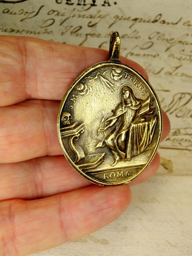 CONVENT PRIORESS ANTIQUE 18TH. CENTURY ELIJAH & ST. TERESA OF AVILA BRONZE MEDAL