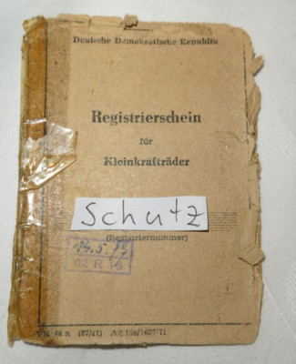 ORIGINAL DDR OLDTIMER REGISTRIERSCHEIN KLEINKRAFTRÄDER SIMSON ROLLER SCHWALBE 72