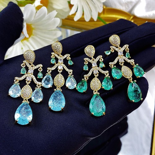 Special Teardrop Ice Crystal Blue Topaz Gems Stud Women Earrings Yellow Gold - Picture 2 of 7