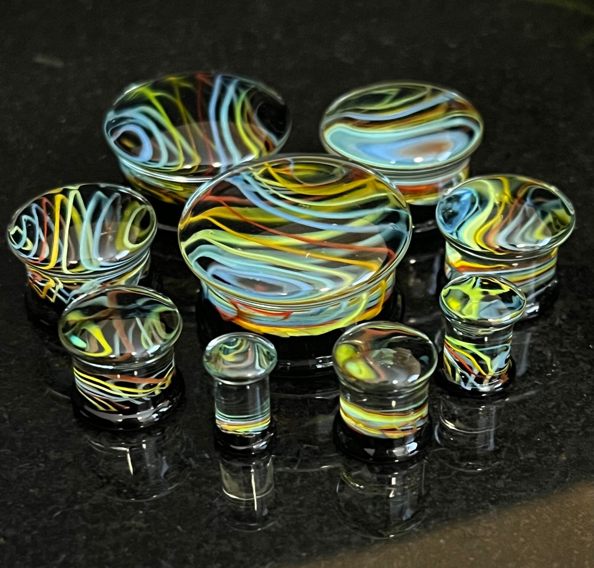 PAIR Neon Rainbow Swirls Design Pyrex Glass Plugs Gauges Body