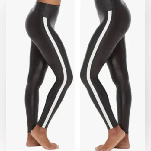 Spanx Women's Faux Leather Side Stripe Tuxedo Leggings XS Save - Afbeelding 1 van 4
